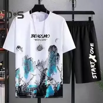 3 шт./компл., мужская летняя повседневная одежда, футболка с круглым вырезом и коротким рукавом, свободные шорты, повседневный комплект из тонких длинных брюк 2XL чёрный