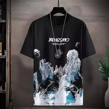 3 шт./компл., мужская повседневная одежда с принтом, футболка с коротким рукавом и круглым вырезом, свободные шорты, повседневные тонкие 2XL чёрный