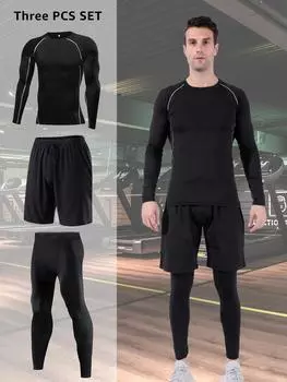 3 шт./компл., мужской компрессионный костюм для спортзала и фитнеса, одежда с длинными рукавами, колготки для бега, спортивный костюм, спортивная одежда XS чёрный