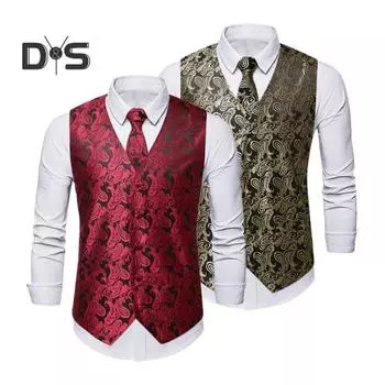 3 шт./компл., мужской весенний комплект жилетов с принтом кешью, однобортный жилет с v-образным вырезом, деловой комплект с галстуком и платком 2XL