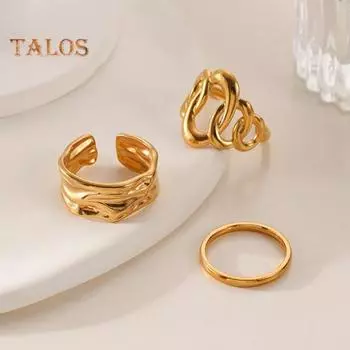 3 шт./компл. набор женских колец разной формы, нерегулярные полые полированные, гладкие, открытые, регулируемые, из нержавеющей стали, сплошной цвет, панк-металл, подарок на день рождения, поездка на работу золотистый