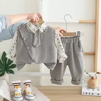 3 шт./компл. Новая весенне-осенняя одежда для маленьких мальчиков, костюм, детский жилет, рубашка с длинным рукавом, брюки, детская одежда, повседневный костюм для младенца 80 светло-серый