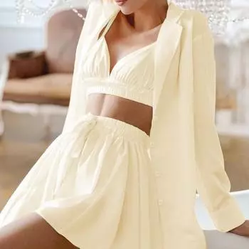 3 шт./компл. пижамный комплект, бюстгальтер, юбка, комплект пальто, трапециевидной формы с эластичной резинкой на талии, юбка с лацканами, однобортная свободная рубашка с длинными рукавами, сплошной цвет для женщин M розовый