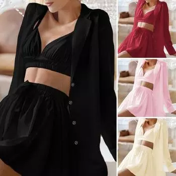 3 шт./компл. пижамный комплект, бюстгальтер, юбка, комплект пальто, трапециевидной формы с эластичной резинкой на талии, юбка с лацканами, однобортный, свободный, с длинными рукавами, женская одежда для сна M розовый