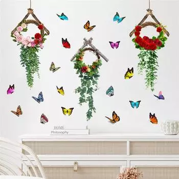 3 шт./компл., подвесная корзина с цветком и бабочкой, самоклеящаяся наклейка на стену для гостиной, спальни, фон, декор двери, водонепроницаемая съемная декоративная живопись