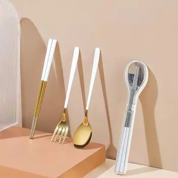 3 шт./компл., посуда из нержавеющей стали 304, ложка, вилка, палочки для еды, портативный набор столовых приборов с коробкой, креативные кухонные принадлежности для путешествий, кемпинга золотой/белый