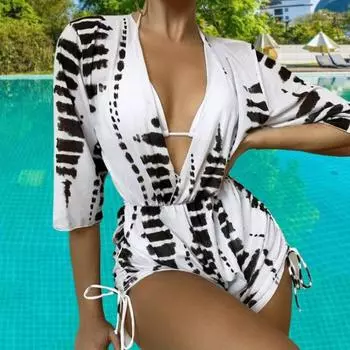 3 шт./компл., привлекательный комплект бикини с туникой, накидка, пляжная одежда, сплит-тип, комплект бикини из трех частей, аксессуары для водных видов спорта L белый