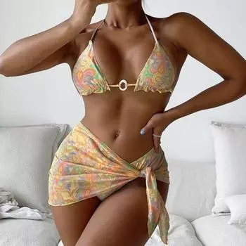 3 шт./компл. разделенное бикини с принтом кешью, треугольный купальник с лямкой на шее, женский купальник с открытой спиной для плавания