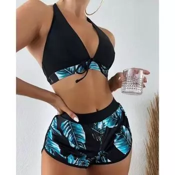 3 шт./компл. разделенное бикини с принтом листьев и бантом, трехсекционный тонкий купальник с открытой спиной для плавания XL синий