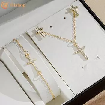 3 шт./компл. ретро ожерелье с крестом, браслет, серьги, набор для женщин, Золотая цепочка с кристаллами, колье, ювелирные аксессуары