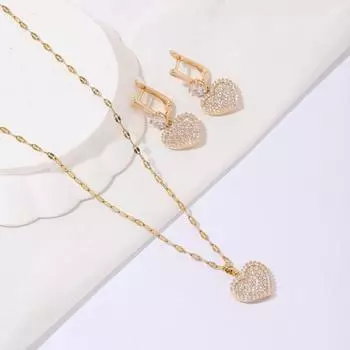 3 шт./компл. роскошные висячие серьги в форме сердца с полным кубическим цирконием, комплекты ювелирных изделий для женщин, свадебные повседневные аксессуары с ожерельем из нержавеющей стали золотой