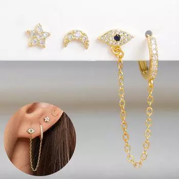 3 шт./компл. серьги-гвоздики золотого цвета со звездой и луной из нержавеющей стали с двойным отверстием для уха, серьги-кольца для женщин, ювелирные изделия для вечеринки, подарок