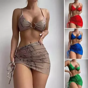3 шт./компл., сексуальный комплект бикини, бюстгальтер с подкладкой на лямках, плавки, верхняя юбка с завязками сбоку, комплект быстросохнущего женского купальника с принтом S красный
