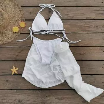 3 шт./компл., сексуальный женский комплект бикини, летний однотонный бюстгальтер с лямкой на шее, трусы с высокой талией, цветочный декор, чехол L белый