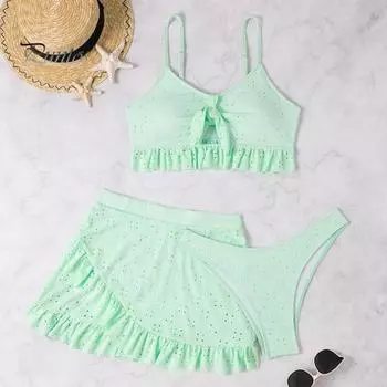 3 шт./компл., сексуальный женский комплект бикини, летний бюстгальтер на лямках с рюшами на подоле, сплошной цвет, трусы с высокой талией, комплект с юбкой, купальный костюм, быстросохнущий M белый