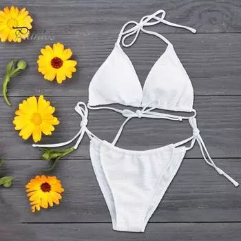3 шт./компл. сексуальный женский комплект бикини, летний однотонный бюстгальтер с лямкой на шее, трусы с высокой талией, цветочный декор, комплект с юбкой, купальный костюм, быстросохнущая пляжная одежда L белый