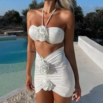 3 шт./компл., сексуальный женский комплект бикини, однотонный бюстгальтер-бандо с лямкой на шее, трусы с высокой талией, 3D цветочный декор, комплект с юбкой, купальный костюм, быстросохнущая пляжная одежда S белый