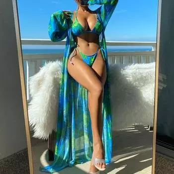 3 шт./компл. сексуальный женский комплект бикини с прикрытием и принтом листьев, бюстгальтер с лямкой на шее, трусы на шнуровке с высокой талией, солнцезащитный крем, кардиган с длинными рукавами, комплект купальников M розы красного