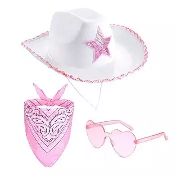 3 шт./компл., широкополая шляпа с блестками по краям, платок, очки, комплект в западном стиле, розовая шляпа в стиле пастушки, платок с принтом ореха кешью, комплект очков розовый/белый