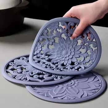 3 шт./компл., силиконовый коврик для посуды, винтажный полый силиконовый коврик с резьбой, теплоизоляционная чаша, чашка, горшок, подставка для столовых приборов, домашний декор стола 16cm чёрный