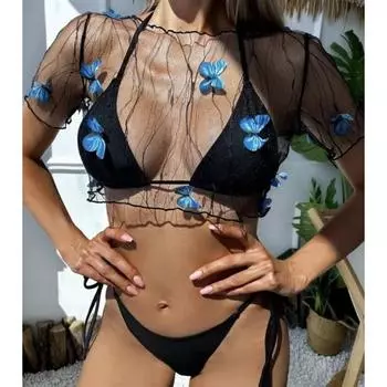 3 шт./компл. стильное сплит-бикини скинни с бретелькой для женщин, прозрачное сексуальное сплит-бикини, пляжная одежда M чёрный