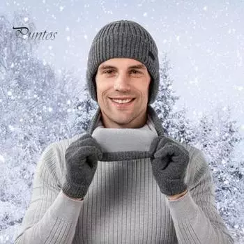 3 шт./компл. унисекс шапка шарф перчатки комплект ухо отворот дизайн снежинка принт шапка термо плюшевая подкладка утеплитель для шеи сенсорный экран перчатки комплект чёрный