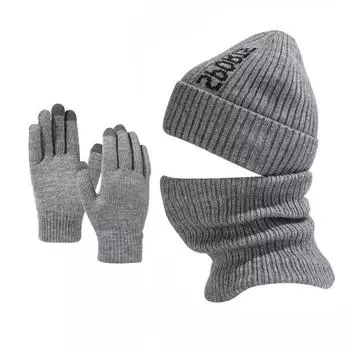 3 шт./компл. унисекс шапка шарф перчатки комплект с буквенным принтом шапка бини термо плюшевая подкладка утеплитель для шеи перчатки для сенсорного экрана комплект серый