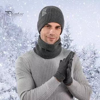 3 шт./компл. унисекс шапка шарф перчатки комплект с буквенным принтом шапка бини термо плюшевая подкладка утеплитель для шеи перчатки для сенсорного экрана комплект чёрный