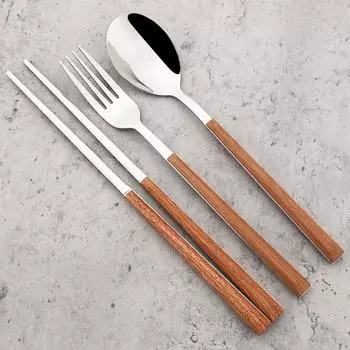 3 шт./компл. вилка, ложка, палочки для еды, набор столовых приборов, столовая посуда с деревянной ручкой, посуда из нержавеющей стали, кухонные столовые приборы в западном стиле серебряный