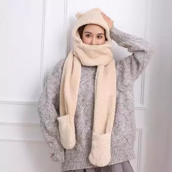 3 шт./компл. женская зимняя милая плюшевая шапка из овечьей шерсти, теплые перчатки, шарф, защита от холода M56-58cm бежевый