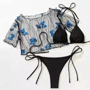3 шт./компл. женские купальники с бабочками, сетчатое трехсекционное прозрачное сексуальное бикини с разрезом для плавания S чёрный