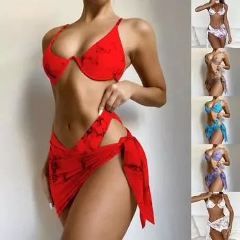 3 шт./компл. женские купальники с мраморным принтом, регулируемое плечо, открытая спина, трехсекционное бикини с разрезом для плавания S коричневый