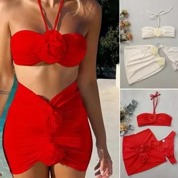 3 шт./компл. женский комплект бикини 3D декор с розами Холтер-бандо плиссированный бюстгальтер с высокой талией для плавания M белый