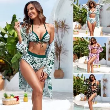 3 шт./компл., женский комплект бикини, кардиган с рукавами, накидка с принтом листьев, длинный сухой купальник с высокой талией, мягкий быстрый бюстгальтер на шнуровке, купальник S чёрный