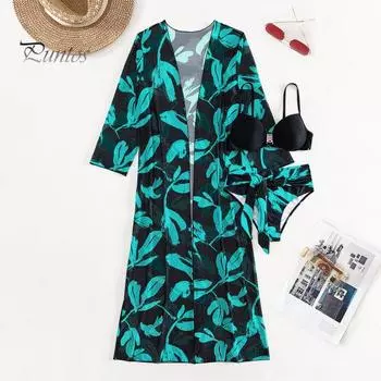 3 шт./компл. женский комплект бикини-кардигана с контрастным цветным принтом и длинным рукавом, накидка с высокой талией, мягкий быстросохнущий бюстгальтер, трусики, комплект купальника, пляжная одежда, вода S синий