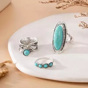 3 шт./компл. женский комплект колец на палец в богемном стиле, нерегулярный декор из искусственной бирюзы, широкий браслет на палец, ювелирное изделие, подарок Sets