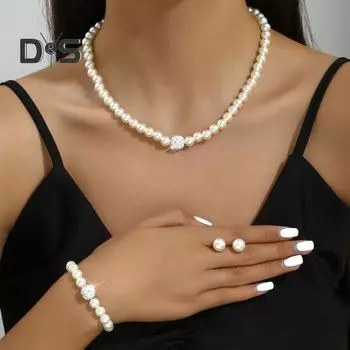 3 шт./компл. женский комплект ювелирных изделий из искусственного жемчуга, серьги, ожерелье, браслет, регулируемая длина, декор со стразами, полированный выпускной вечер, свадьба, украшения для невесты бежевый