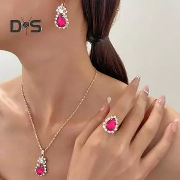 3 шт./компл. женский комплект ювелирных изделий сверкающие стразы кулон ожерелье серьги-подвески регулируемое кольцо комплект ювелирных изделий подарок розы красного