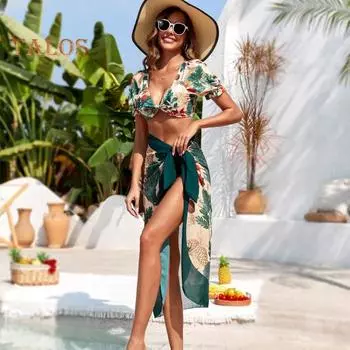 3 шт./компл. женский купальник, комплект, бюстгальтер, трусики, юбка, комплект с цветочным принтом, глубокий V-образный вырез, мягкий, облегающий, с высокой талией, быстросохнущий купальный костюм M зелёный