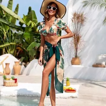 3 шт./компл. женский купальник, комплект, бюстгальтер, трусики, юбка, комплект с цветочным принтом, глубокий V-образный вырез, мягкий тонкий M зелёный