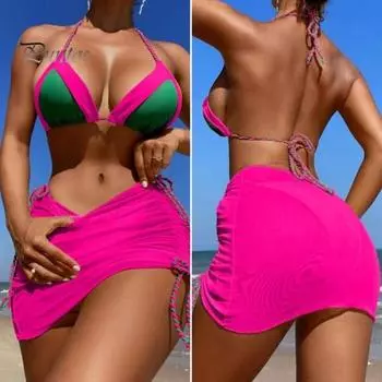 3 шт./компл. женский купальник комплект подходящего цвета в стиле пэчворк на шнуровке с лямкой на шее плиссированная юбка-бикини комплект горячий весенний купальный костюм Bechwear купальники S флуоресцентный зеленый