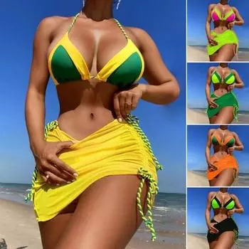 3 шт./компл. женский купальник комплект подходящего цвета в стиле пэчворк на шнуровке с бретелькой на шее плиссированная юбка-бикини комплект горячий купальный костюм Bechwear купальники S ярко-зеленый