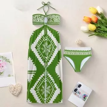 3 шт./компл. женский купальник, комплект со шнуровкой, бюстгальтер-бандо на шее, трусы с высокой талией и пляжная юбка, винтажный печатный узор, купальники S чёрный