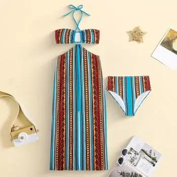3 шт./компл. женский купальник, комплект со шнуровкой, бюстгальтер-бандо на шее, трусы с высокой талией и пляжная юбка, винтажный печатный узор, купальники S озеро синий