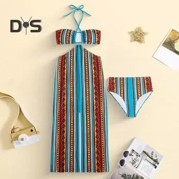 3 шт./компл. женский купальник, комплект со шнуровкой, бюстгальтер-бандо на шее, трусы с высокой талией и пляжная юбка, винтажный печатный узор, купальники S синий