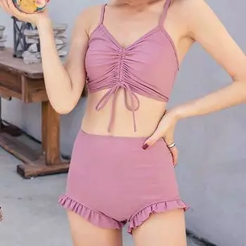 3 шт./компл. женский купальник на тонких бретельках с лямкой на шее сплошной цвет пуловер пляжное накидка для отдыха L хаки