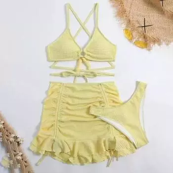 3 шт./компл. женский купальник однотонный волнистый сексуальный бикини с разделением и оборкой на шнурке S чёрный