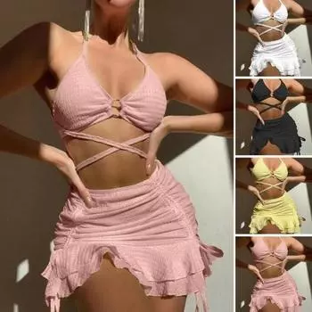 3 шт./компл. женский купальник, однотонный, волнистая текстура, сексуальное бикини с разделением, юбка с оборками на шнуровке, пляжная одежда на шнуровке S жёлтый