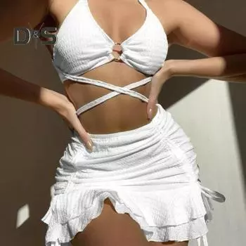3 шт./компл. женский купальник, однотонный, волнистая текстура, сексуальное бикини с разделением, юбка с оборками на шнуровке, пляжная одежда на шнуровке S белый