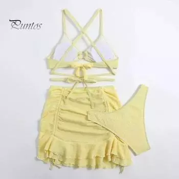 3 шт./компл. женский купальник, однотонный, волнистая текстура, сексуальное бикини с разделением, юбка с оборками на шнуровке, пляжная одежда на шнуровке S розовый